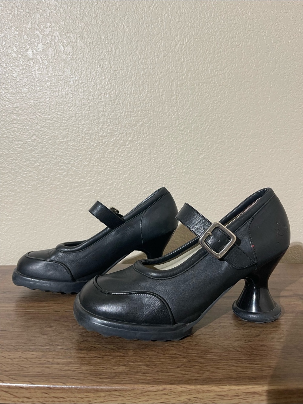 John Fluevog Black Mary Jane Heels with Sculpted Heel